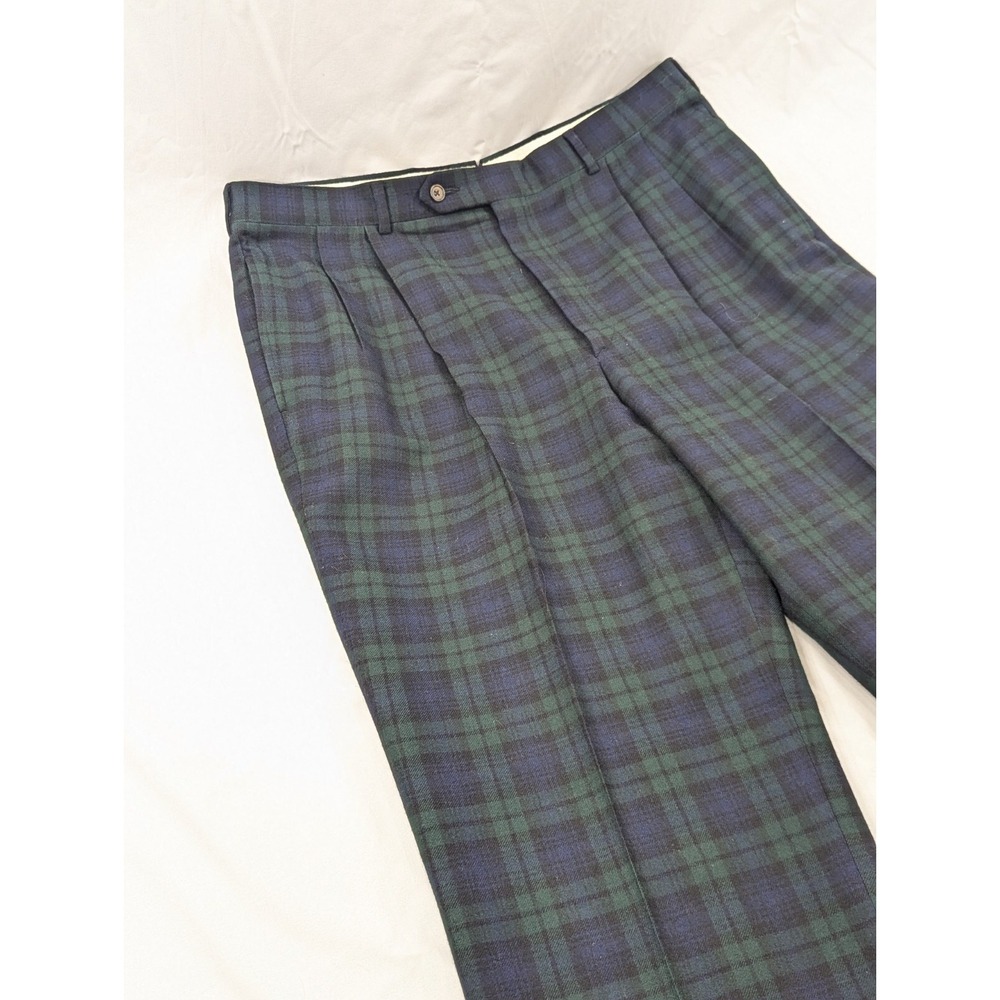 VTG Corbin Natural Shoulder Trousers 36x28 Blue Green Plaid Heavy Wool Flannel‎